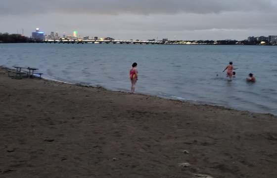 Guests standing in the Detroit River at dusk