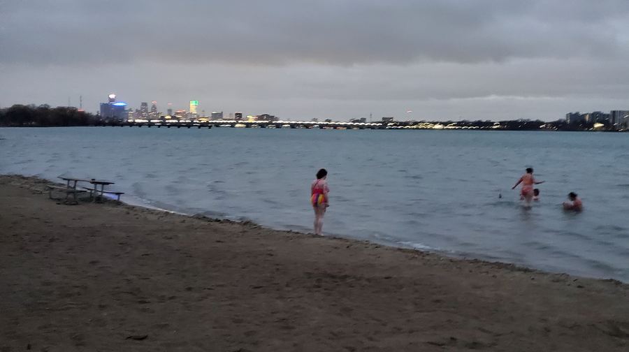 Guests in the Detroit River at dusk